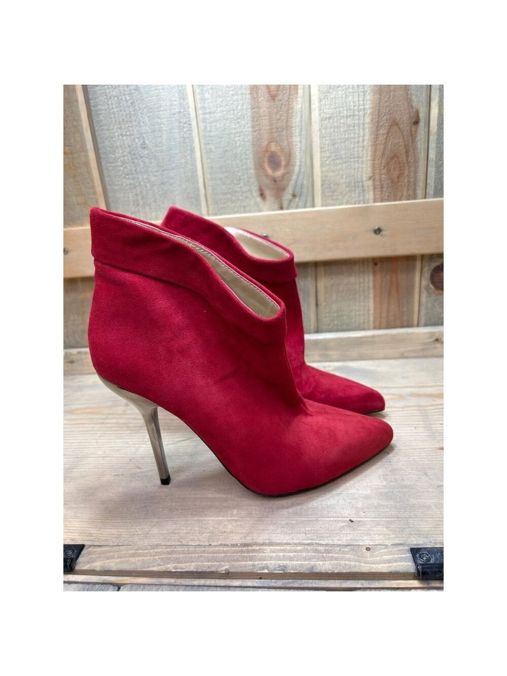 Aldo Red Suede Stiletto Ankle Booties Size 7.5 EU38 Silver Heel Pull On Boots